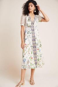 Geisha Designs Embroidered Floral Midi Dress in Neutral Motif / feminine style summer dresses