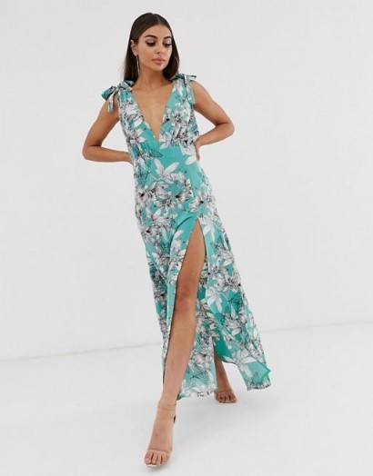 Boohoo plunge maxi dress in green floral / thigh high spit dresses