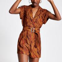 RIVER ISLAND Brown zebra print utility playsuit / utilitarian style fashion