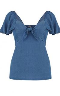 OASIS DENIM TIE FRONT TOP / blue flutter sleeve tops