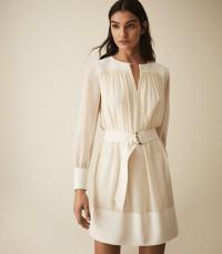 REISS FINN SEMI SHEER BELTED SMOCK DRESS IVORY ~ effortlessly feminine clothing