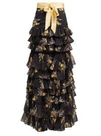 RODARTE Floral-print ruffled silk-blend skirt in black ~ tiered ruffles ~ event wear