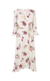 OASIS FLUTE SLEEVE MIDI DRESS in multi natural / ruffled wrap dresses