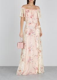 LOVESHACKFANCY Evelyn floral-print silk maxi dress in pale-pink and ivory / feminine summer event wear