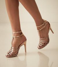 REISS LULU METALLIC STRAPPY HIGH HEELED SANDALS ROSE GOLD ~ double ankle strap T-bar shoes