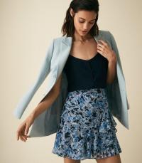 REISS LYON FLORAL PRINTED MINI SKIRT MULTI BLUE ~ side ruffle skirts