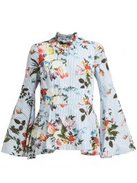 ERDEM Miriam Isabelle-print cotton-poplin top ~ blue flared sleeve high neck blouse ~ romantic style