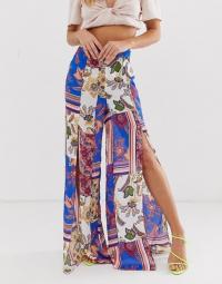 Missguided split leg trousers in scarf print / front slit floral pants