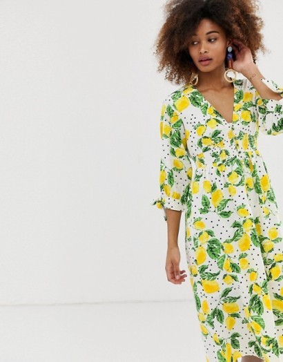 Neon Rose tie front midi tea dress with shirring in lemon print | spring dresses