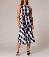 KAREN MILLEN Oversized-Gingham Midi Dress Blue / Multi ~ asymmetric front dresses