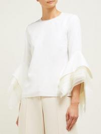 ROKSANDA Rana tiered fluted organza-cuff cady top in white ~ lace trimmed neck detail