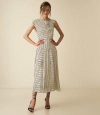 REISS RAYA STRIPED ASYMMETRIC MIDI DRESS MULTI ~ angled neckline dresses