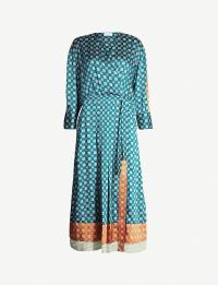 SANDRO Contrast-panel tile-print satin-twill wrap dress in green