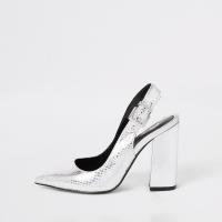 RIVER ISLAND Silver block heel sling back court shoes – metallic party slingbacks