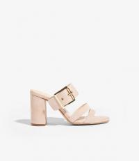 KAREN MILLEN Slip-On Heeled Sandals in Nude ~ chunky heels ~ large side buckle mule