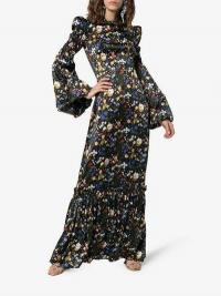 The Vampire’s Wife Nine Floral Print Tiered Hem Silk Maxi Dress in Black