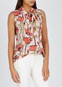 TORY BURCH Poppy-print silk top / draped neck tie tops