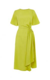 OASIS TWIST CHIFFON MIDI DRESS LIME GREEN / draped asymmetric design