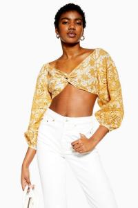 TOPSHOP Yellow Broderie Twist Crop Top / bohemian summer tops