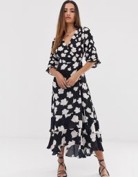 AllSaints delana caro floral print wrap maxi dress in black / ruffle hemline dresses