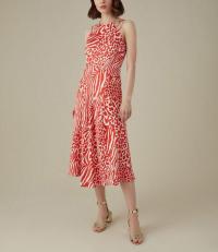 Karen Millen Animal Print Midi Dress in RED/MULTI / strappy shoulder dresses