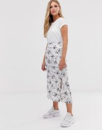 ASOS DESIGN bias cut satin midi skirt with splits in silver floral print