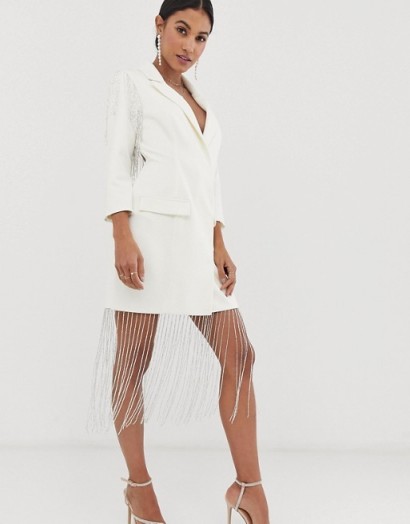 ASOS DESIGN embellished fringe blazer dress in ivory – evening glamour