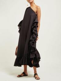 KALITA Asymmetric ruffled cotton dress in black ~ one shoulder ruffle trimmed summer dresses