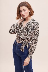 Rinku Dalamal Leopard Cropped Wrap Blouse Brown Motif