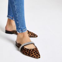 River Island Brown leopard gem pointed backless loafers / embellished animal flats