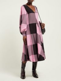 GANNI Striped cotton-blend seersucker midi dress ~ large pink and black checks