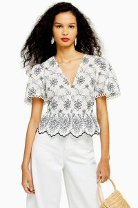 TOPSHOP Contrast Embroidered Topin Monochrome / floral peplum blouse