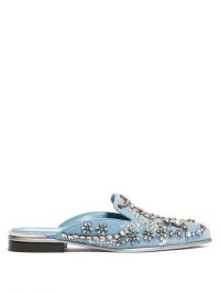 ALEXANDER MCQUEEN Crystal-embellished blue velvet backless loafers