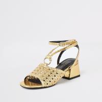 RIVER ISLAND Gold weave block heel sandals – summer party shoes