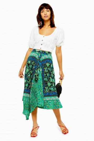 Topshop Green Paisley Print Midi Skirt | front draped pleated skirts