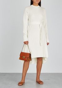 HELMUT LANG Ecru ribbed wool-blend dress ~ luxe high low hem dresses