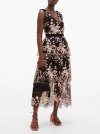 SELF-PORTRAIT Midnight Floral sequinned tiered tulle midi dress black