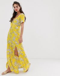 Miss Selfridge maxi dress with button through in yellow pattern / long side split summer frock