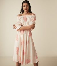 REISS PEACHES FLORAL PRINTED BARDOT MIDI DRESS MULTI WHITE – off the shoulder summer dresses