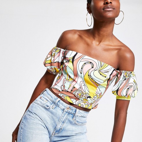 River Island Pink print puff sleeve bardot crop top | off the shoulder summer tops