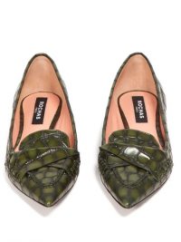 ROCHAS Point-toe crocodile-effect green leather flats