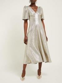 GOAT Rosemary foil-jersey tea dress in pale-gold ~ vintage style metallic dresses