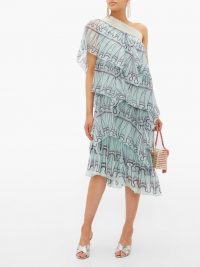 ZANDRA RHODES Tiered abstract-print blue silk-chiffon midi dress ~ floaty one shoulder