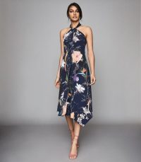 REISS YASMINDA RAINFOREST PRINTED MIDI DRESS NAVY ~ summer event halter dresses