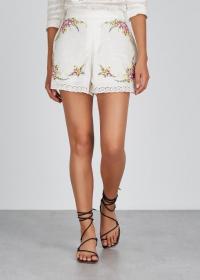 ZIMMERMANN Allia Cross Stitch linen-blend shorts in ivory / floral embroidered