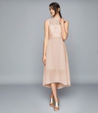 REISS AIDEEN LACE DETAIL PLEATED MIDI DRESS NUDE ~ feminine event wear