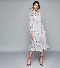 REISS ANNABELLE FLORAL PRINTED MIDI DRESS BLUE/ WHITE ~ tiered ruffles