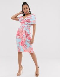 ASOS DESIGN Petite fallen shoulder midi pencil dress with tie detail in floral print