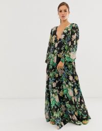 ASOS EDITION blouson sleeve maxi dress in floral print / long flowing plunge front dresses