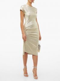 PACO RABANNE Asymmetric ruched metallic-effect midi dress in pale-gold ~ pure glamour